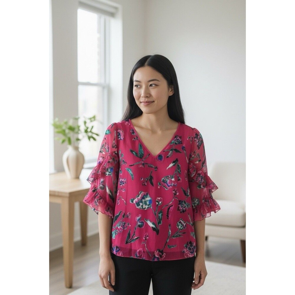 Tanya Taylor Women’s Margarita Floral Ruffled Sleeve Blouse Size 4 Romantic Top